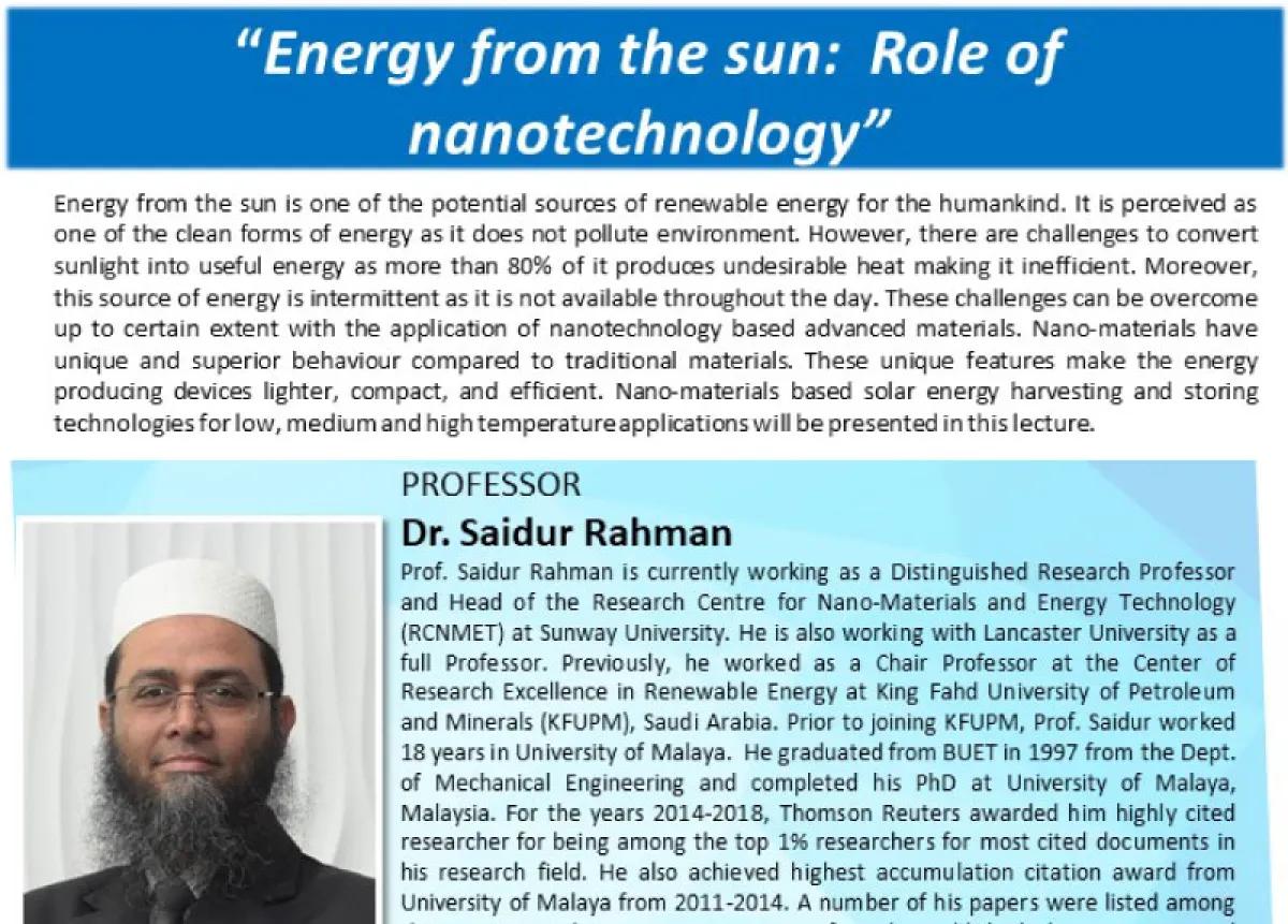 Energy from the sun:  Role of nanotechnology