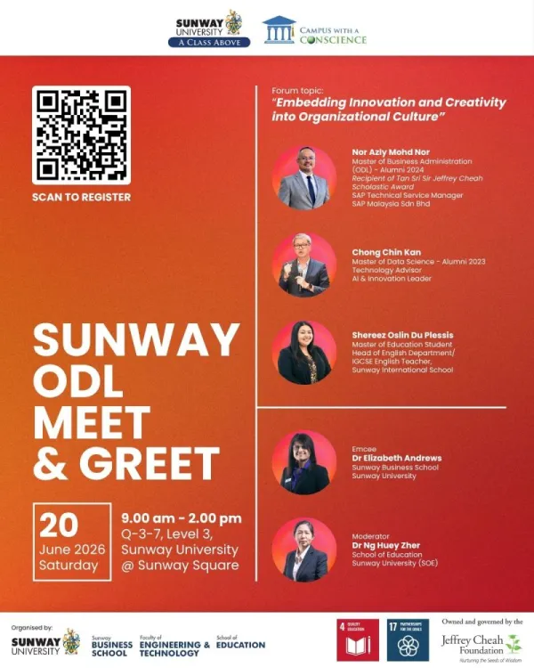 Join us for a meaningful Meet and Greet session with ODL students and alumni from Sunway Business School (SBS), Faculty of Engineering and Technology (FET), and School of Education (SOE).