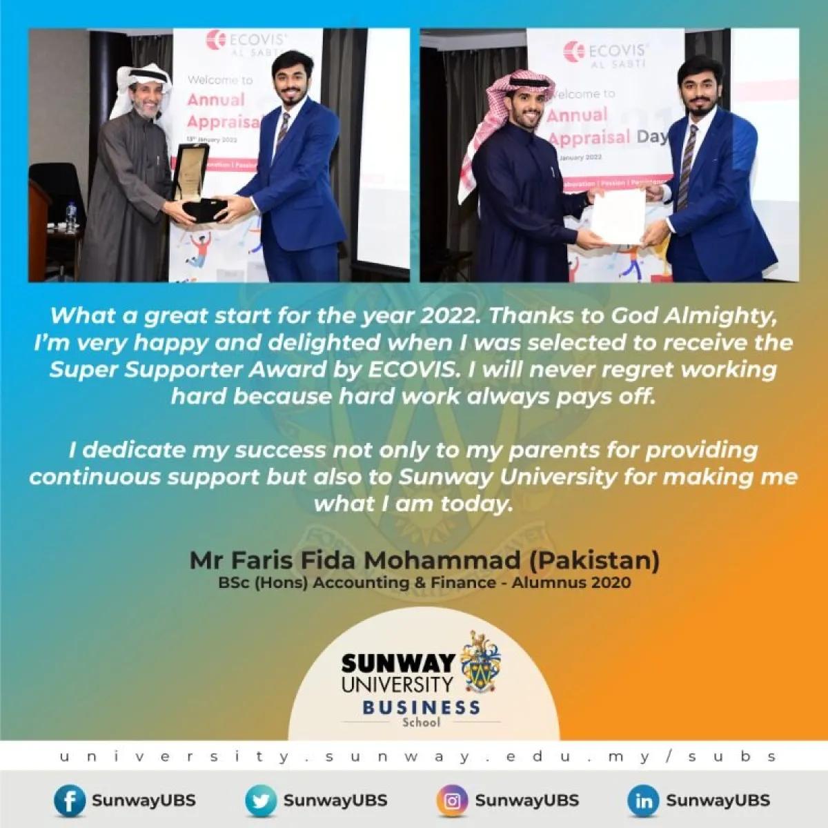 Alumni Faris Fida Mohammad Received Super Supporter 2021 From ECOVIS Saudi Arabia (ECOVIS AL SABTI)