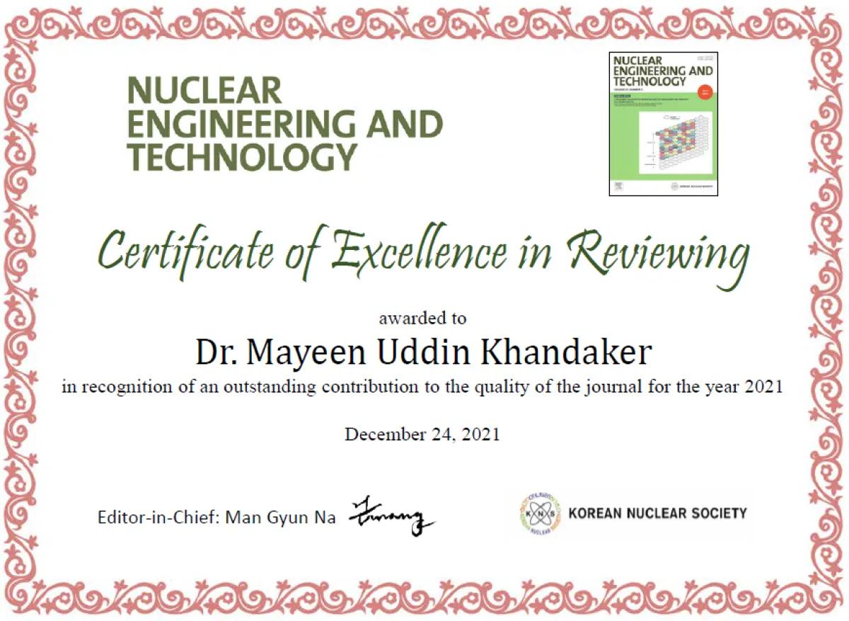 Professor Mayeen Uddin Khandaker is an Outstanding Reviewer of the Nuclear Engineering and Technology Journal